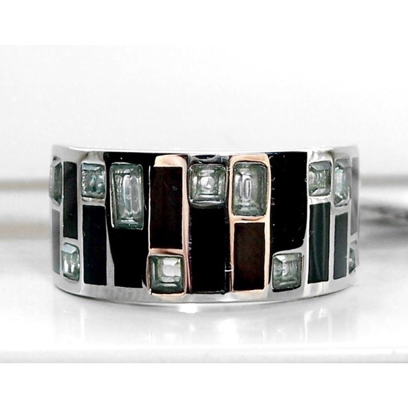 STAINLESS STEEL Sea Blue CZ Art Deco Band Ring - Picture 2 of 16